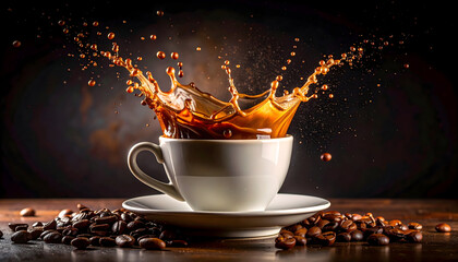 Dynamic Splash of Hot Coffee Erupting from a White Ceramic Cup and Saucer Amidst Roasted Coffee Beans on a Wooden Table with Dramatic Lighting