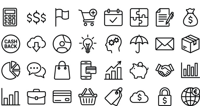 Business, finance and e-commerce outline icons featuring money, growth chart, shopping cart, calendar, handshake, cloud, padlock and megaphone symbols