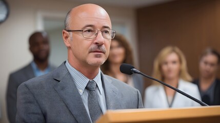 Man in suit speaking at a podium microphone during a formal business presentation