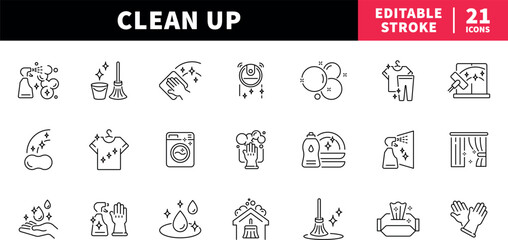 Fototapeta premium Cleaning and hygiene editable line icons set. sanitation and tidiness
