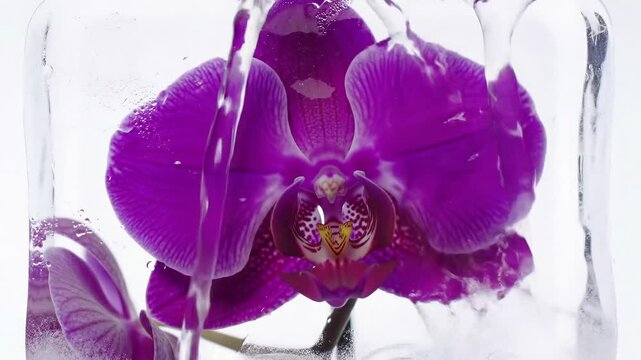 Timelapse of ice melting on purple orchid flower in spa style on white background