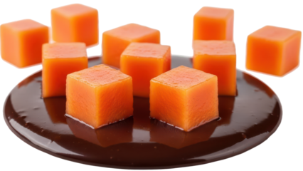 Papaya fresh cube on dark chocolate melted isolated on transparent background orange chunk
