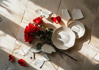 Vintage floral plates with red and white roses scattered on cracked tile floor, creating a romantic yet distressed still life composition