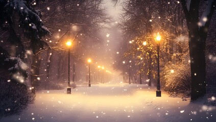 Snow-covered path illuminated by warm streetlights and falling snowflakes, creating a magical winter scene in a serene, peaceful night