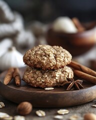 Stack of vanilla chai spice oatmeal cookies with cinnamon and star anise on a white plate with festive bokeh lights