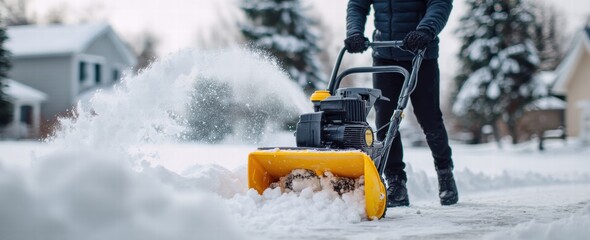 Person using a snowblower to clear a snowy driveway in winter.