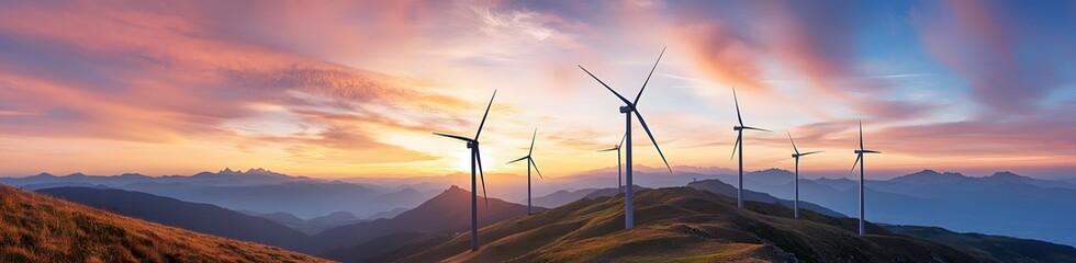 Wind turbines on mountain ridges at sunset, symbolizing renewable energy and sustainability against a backdrop of colorful skies and rolling hills