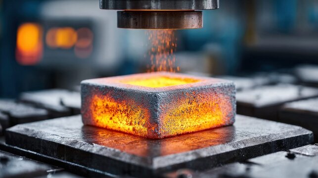 Hot metal block being forged under a press in a manufacturing process