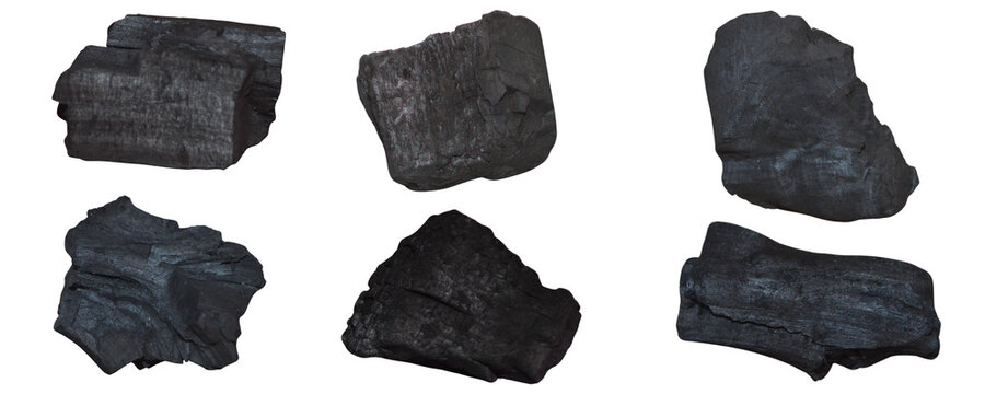 Set of black coal pieces isolated on transparent white background. coal stones. PNG