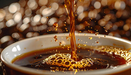 Dark hot coffee stream pouring into a white mug creating rich foam and bubbles with a blurred background of roasted coffee beans illuminated by warm light capturing the aroma of a morning beverage