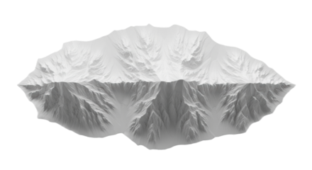 Stylized geometric white mountain range model with sharp peaks and snowy valleys, photorealistic 8k render, isolated on a clean transparent studio background. Concept of abstract topographic design