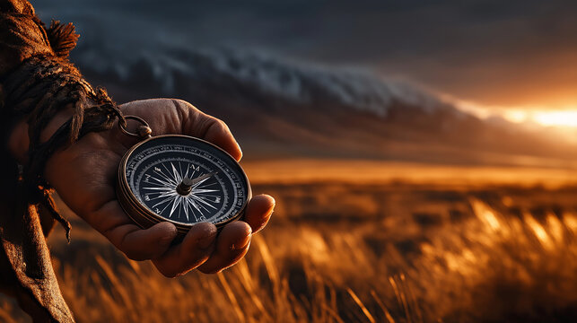 Guidance: A weathered hand holds a compass against a dramatic sky and vast field, representing direction, adventure, and the journey ahead.