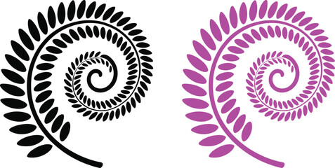 Abstract Spiral Leaf Ornament Set in Black and Pink Color with Decorative Botanical Swirl Design on White Background
