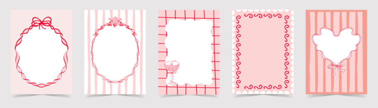  Coquette Frames with Heart, floral, ribbon, wavy lines. Heart frames with bow, in vintage girly style. Hand draw Whimsical borders for Valentines Day cards, Wedding invitation, poster, banner, menu