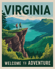 Virginia Travel Poster, Vintage Adventure Landscape with Mountain Cliffs and Hikers