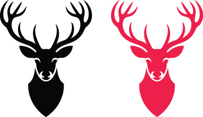 Deer Head Silhouette Logo Set in Black and Red Color with Majestic Antlers Isolated on White Background