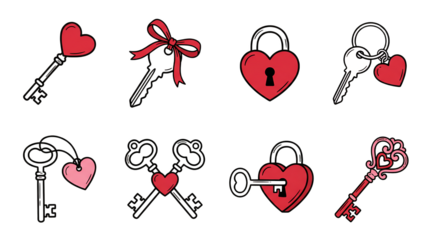 Heart lock and key set including vintage skeletons, bow tied, and charm variants isolated. Valentine's Day and romance graphic collection.