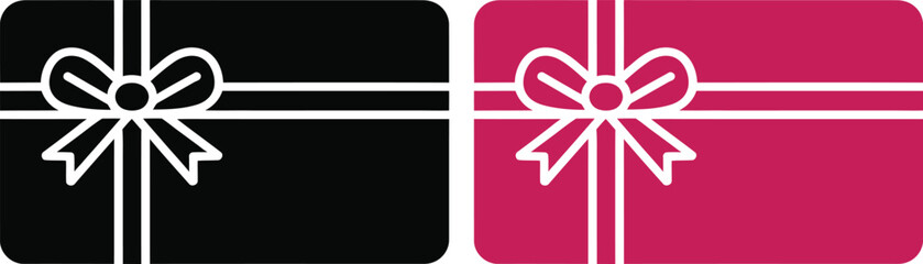 Gift Card and Present Box Icon Set in Black and Pink Color with Ribbon and Bow Isolated on White Background