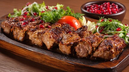 Juicy grilled kebab with fresh herbs and pomegranate garnish on wooden platter.