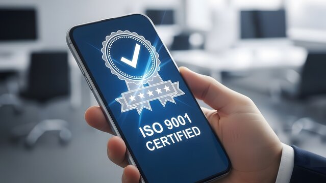 Business person holding smartphone with iso 9001 certified icon on screen demonstrating quality management system