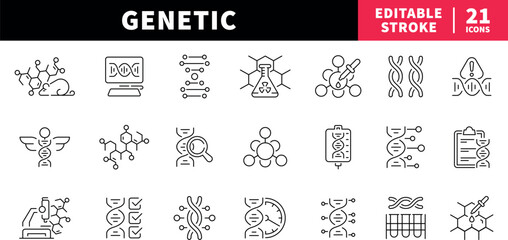 Genetic research editable line icons set. dna and science symbols