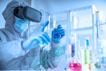 Chemist in full protective suit and VR headset holding a flask with blue liquid, interacting with holographic data interface. Concept of virtual reality, AI-assisted chemistry.