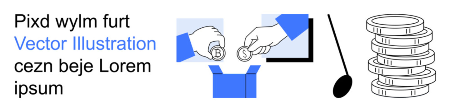 Finance, cryptocurrency, donation, digital transactions, online payment, blockchain. Hands dropping coins into a box near a coin stack. Cryptocurrency and donation concepts