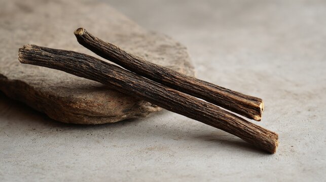 One stick of licorice root, earthy tones, rustic minimalist layou