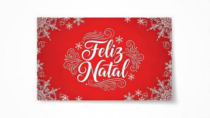 Festive red background card with white script ?Feliz Natal? surrounded by snowflake borders