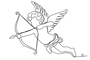 Line Art Cherub Character. Amor Cupid Angel Silhouette. vintage Hand Drawn Cupid Cherub Stroke Portrait. Valentine's day Greeting Antique Flying Angel Mascot. Celestial Cupid with Wings Outline icon.