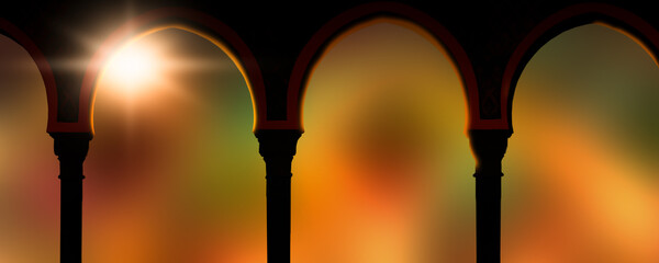 shining evening sun through mosque arches, beautiful abstract background with copy space for islamic holidays, travel or vacations