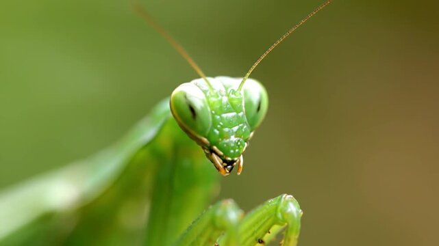 Close-up of a green praying mantis on a leaf.