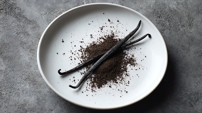 Single clove of vanilla powder arranged minimally, white ceramic plate