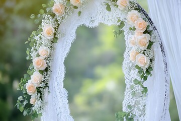A classic circular wedding arch draped with delicate white lace and soft pastel roses,