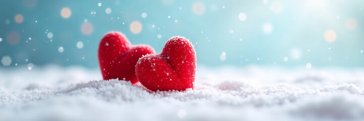Fototapeta premium Love and Romance in Winter: Two Red Hearts on Soft Snow with Falling Flakes