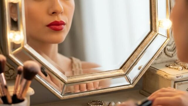 Glamorous 4K Slow Motion of a Young Woman Applying Red Lipstick in an Illuminated Vanity Mirror