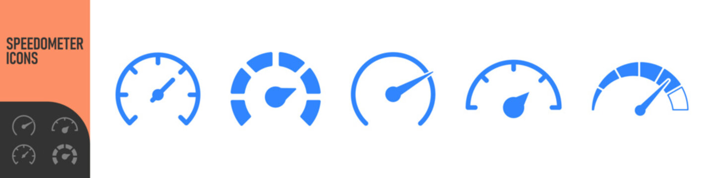 Speedometer, tachometer icon. Speedometer indicator icon collection. Speed indicator vector icons. Сolor icon set