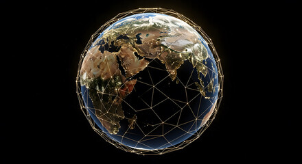 Global network grid surrounding planet Earth showing city lights
