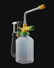 A manual spray pump with a transparent plastic bottle and green and yellow accents
