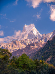 Mount Machhapuchhre snow peak towering above Nepal Himalayas © Ignacio