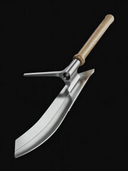 A traditional asian style curved knife with a wooden handle and metal blade