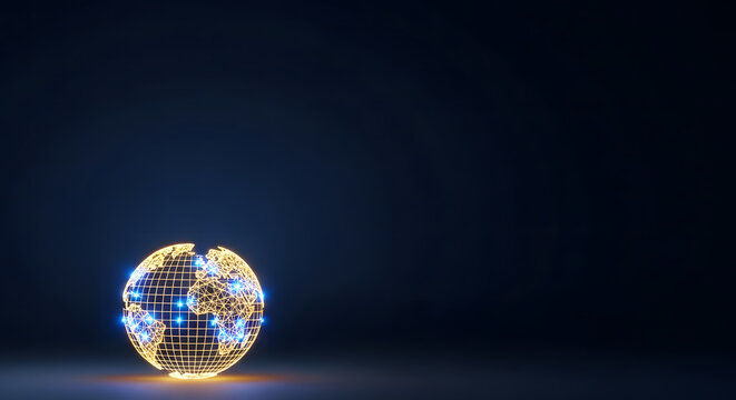 Glowing wireframe globe with interconnected blue network dots on