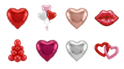 Heart balloon set including red, pink, silver, rose gold, lips, and interlocking shapes isolated. Valentines day and romantic celebration elements.