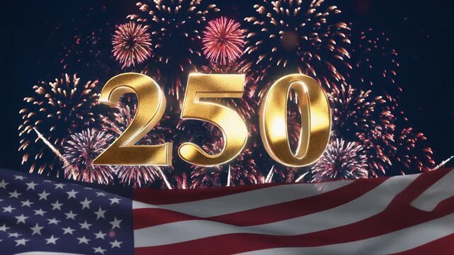 Minimal Corporate Patriotic Background USA 250th Anniversary, Festive night video featuring patriotic fireworks forming the number 250 above a symbolic American