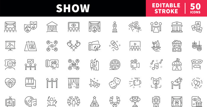 Entertainment editable line icons set. show and performance symbols