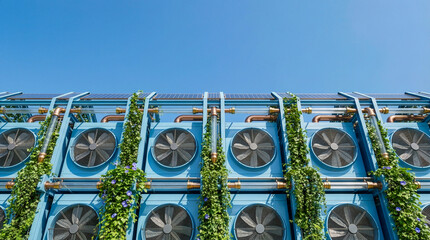 Industrial direct air capture wall with vertical gardens Hedera helix, sustainable carbon capture technology under blue sky - vertical garden focus