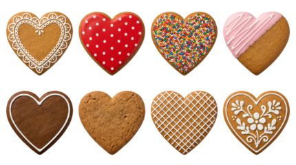 Heart shaped gingerbread cookie set including iced, sprinkled, polka dot, and lace patterns isolated. Valentine day and holiday baking collection.