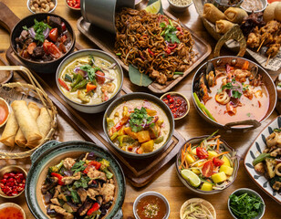many different thai food dishes on table in modern restaurant in bangkok thailand