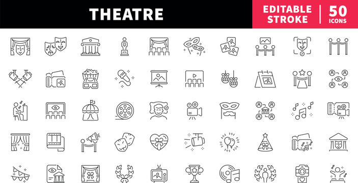 Theatre editable line icons set. Art, cinema, action symbols