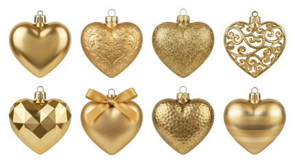 Gold heart ornament set including smooth, embossed, glitter, filigree, faceted, ribbon, hammered, and striped designs isolated. Valentine and holiday decoration collection.
